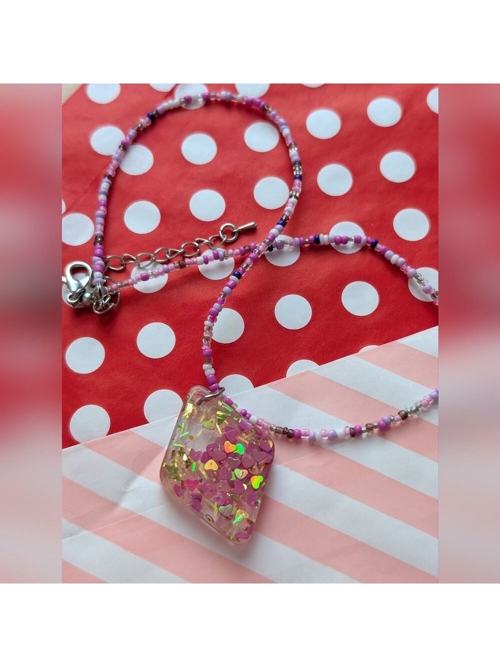 Pink Beaded Necklace with Resin Pendant